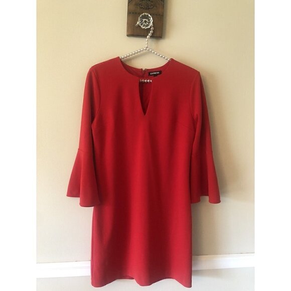 Express Womens Size Small Red Shift Dress Bell Sleeves Keyhole Opening - Picture 1 of 5